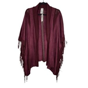 Chicos women's one size open fringe velvet burgundy midi poncho boho western